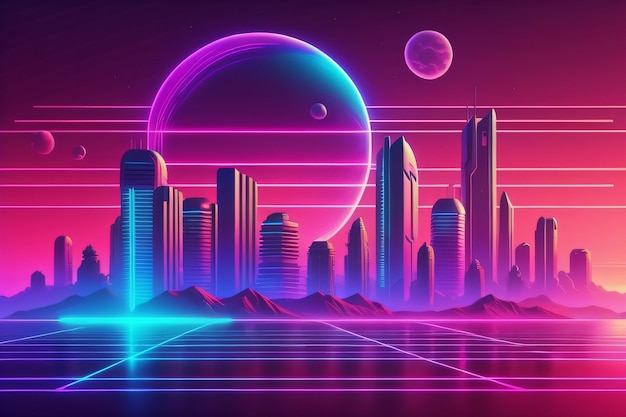 Foto synthwave retro wallpaper sfondo retro synthwave cyberpunk wallpaper con ai generativa