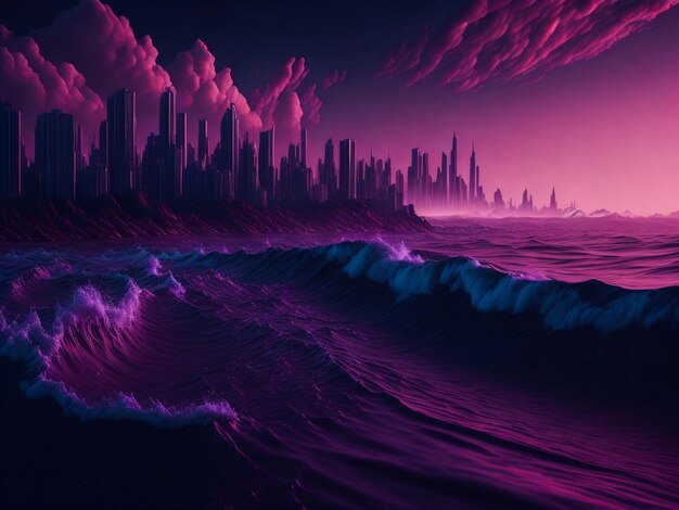 Synthwave retro wave landscape illustration futuristic colorful style 80s