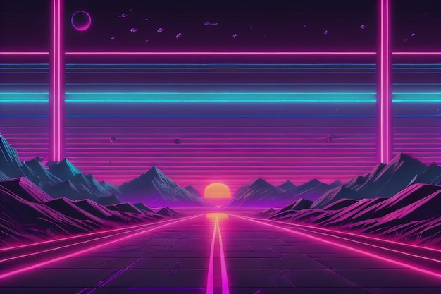 Photo synthwave road with mountains around it wallpaper background with generative ai