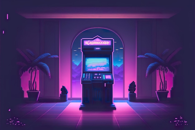 Synthwave slotmachine video game room