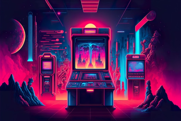 Photo synthwave slotmachine video game room