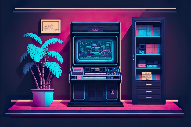 Photo synthwave slotmachine video game room