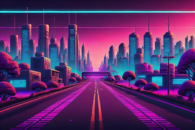 Synthwave stadsachtergrondbehang met generatieve ai