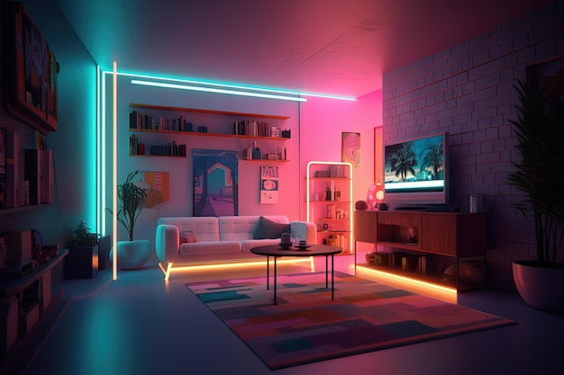 Synthwave-stijl neonkamer Retro-interieur in 80's stijl met neonverlichting