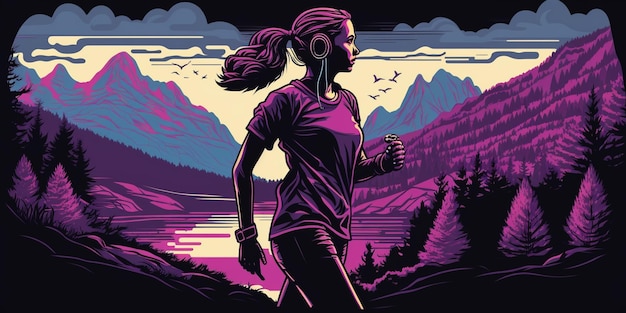 Synthwave stijl vector kunst Meisje in hoofdtelefoons die in een bergpark joggen