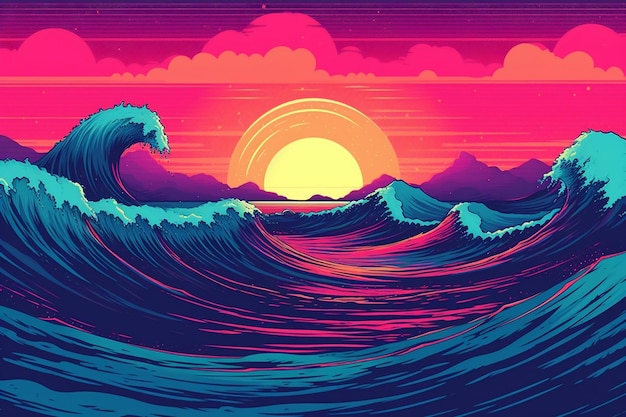 Photo synthwave sunset 80's retro landscape with ocean wave in vibrant synthwave colors ai