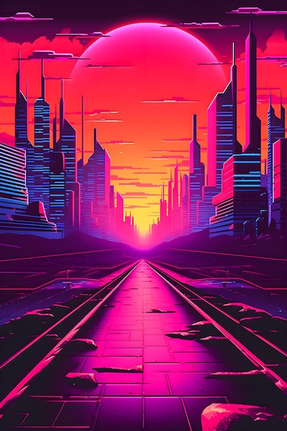 Premium Photo  Synthwave sunset illustration cyberpunk retro neon  background with easy overlook