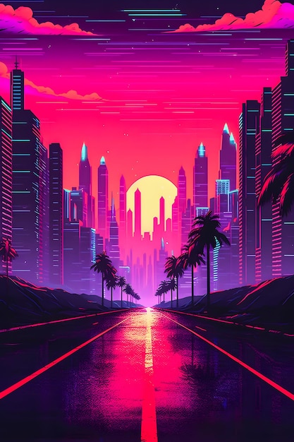 Premium Photo  Synthwave sunset illustration cyberpunk retro neon  background with easy overlook