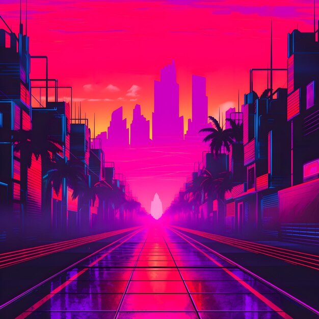 Synthwave sunset illustration cyberpunk retro neon background with easy overlook