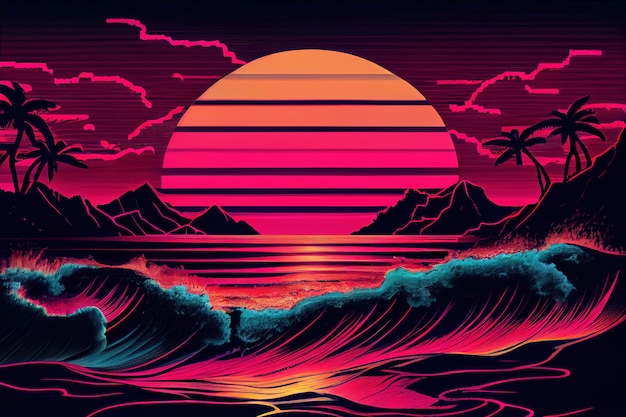 Synthwave Sunset Landscape with 80's Color Design Retro ocean wave Generative AI