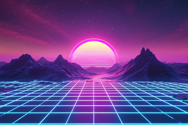 Synthwave sunset with neon lines and mountains