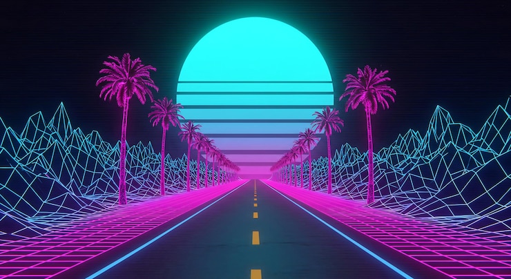 Foto synthwave weg met palmbomen achtergrond