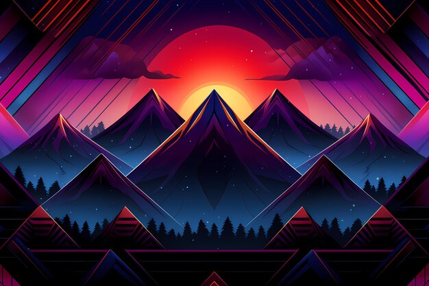 Photo synthwaveinspired mountain landscape with neon glow and a retrofuturistic sun setting