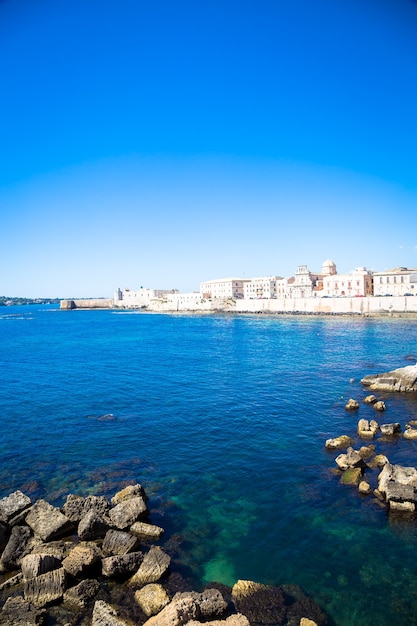 SYRACUSE, ITALY - MAY 18, 2018: view of Ortigia area, downtown of Syracuse, Sicily, at the beginning of  summer season