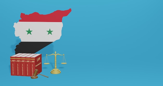 Syria flag on map with law books and weighing scale