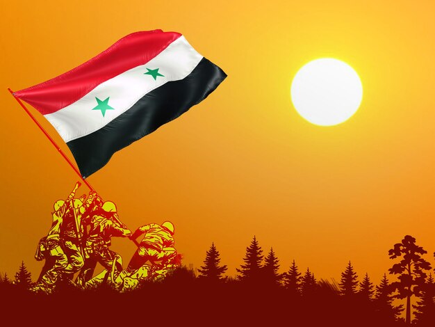 Syria national flag hoisting by brave freedom fighters veterans symbol of national independence