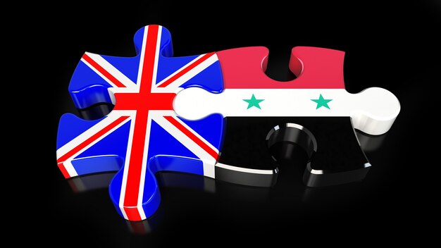 シリアとイギリスのパズルのピースの旗。政治的関係の概念。 3Dレンダリング