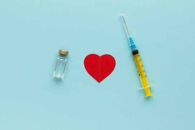 Syringe, glass vial with liquid and red paper heart on blue background. Health and Covid-19 vaccination concept. Medical injection. Needle, dosage scale. Top view, flat lay with copy space.