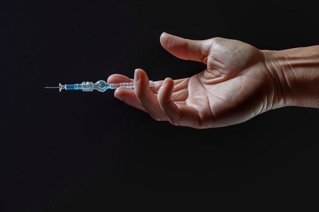 A syringe in the hand of a doctor on a black background