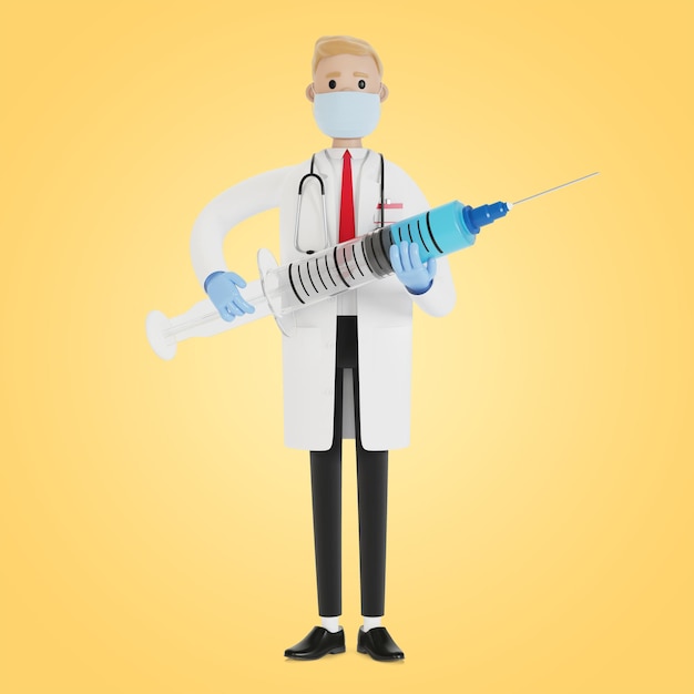 医者の手に注射器。救急車。インフルエンザの予防接種。ヘルスケア医学の概念。漫画風の3Dイラスト。