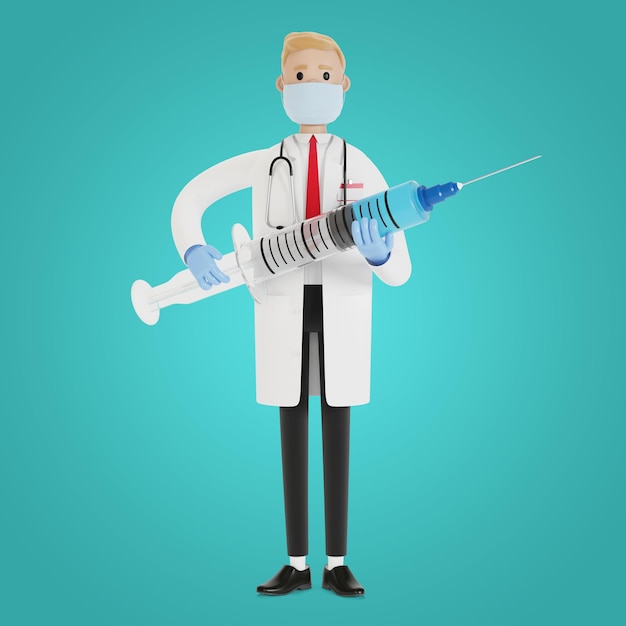 Syringe in the hands of a doctor. Ambulance. Flu shot. Health care medicine concept. 3D illustration in cartoon style.