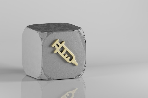 Syringe icon Beautiful Golden symbol icons on a beton cube and white ceramic background 3d renderi