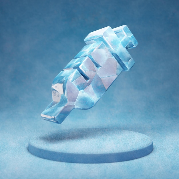 Syringe icon. Cracked blue Ice Syringe symbol on blue snow podium. Social Media Icon for website, presentation, design template element. 3D render.