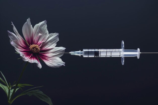 Photo a syringe injects botox into a halfvibrant halfwithered flower showcasing life contrasts