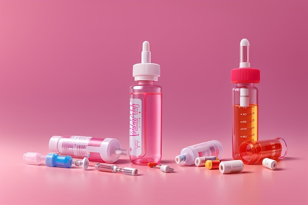 Syringe pill blister and placebo bottle on pink background