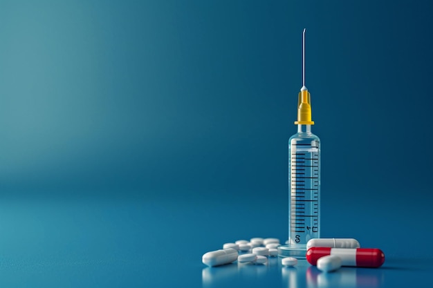 syringe and pills on blue background