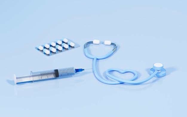 Syringe and stethoscope in the blue background 3d rendering