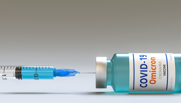 Syringe and vial of vaccine against the omicron variant of covid-19. 3d render