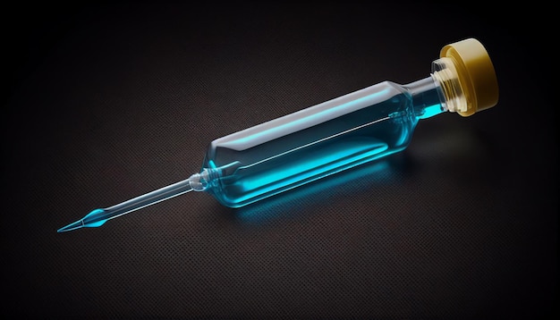 A syringe with blue liquid in it sits on a black background