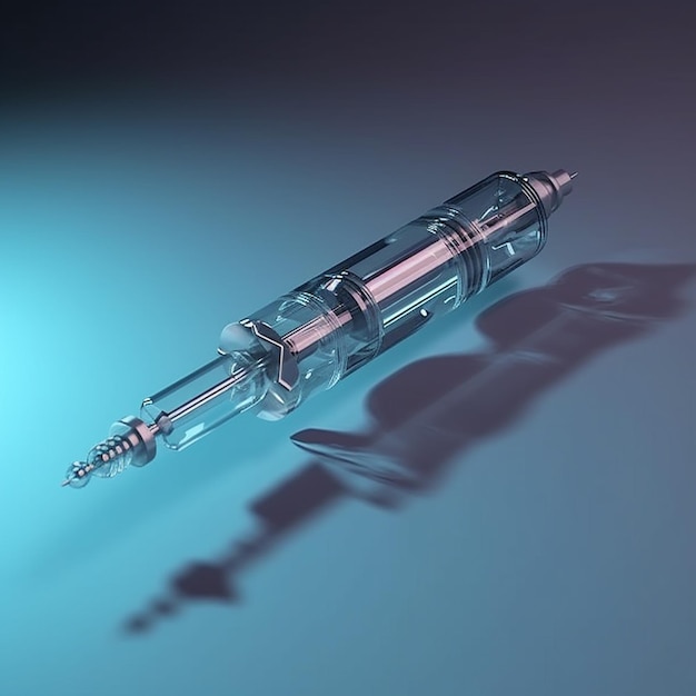 A syringe with a clear glass cap and a blue background.
