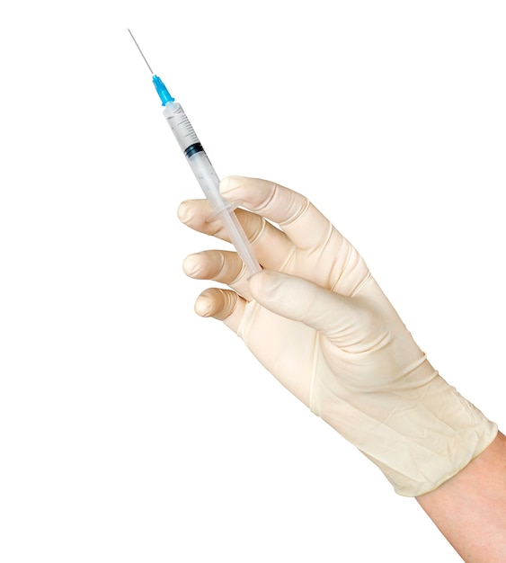 Syringe with medication. Hand holding syringe isolated on white background