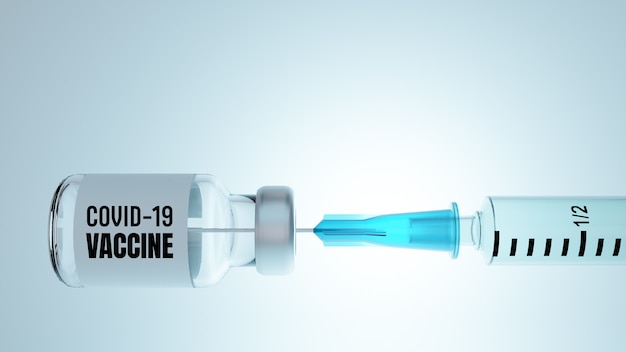 Foto una siringa con un ago viene inserita nel flaconcino, etichettato come vaccino covid-19 su una parete bianca. immagine di rendering 3d.