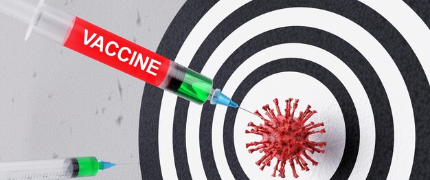 ワクチン入りの注射器が標的に当たり、コロナウイルスの3Dレンダリングを破壊します