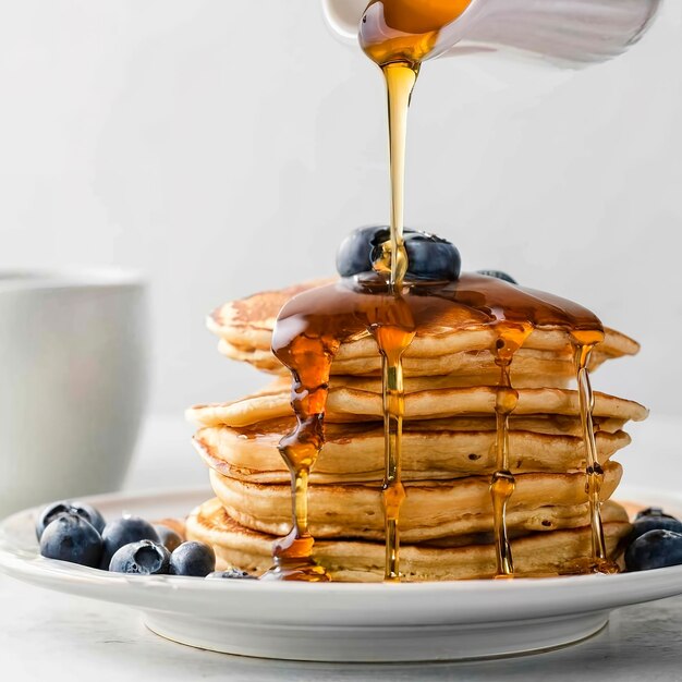 Syrup or honey is pouring to pancake stacks Includes copy space