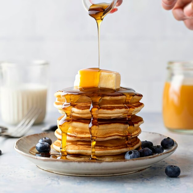 Syrup or honey is pouring to pancake stacks Includes copy space