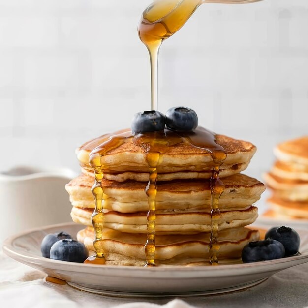Syrup or honey is pouring to pancake stacks Includes copy space