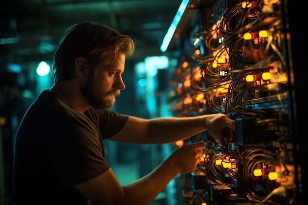 Foto sysadmin-ingenieur werkt aan het schakelbord met server rack