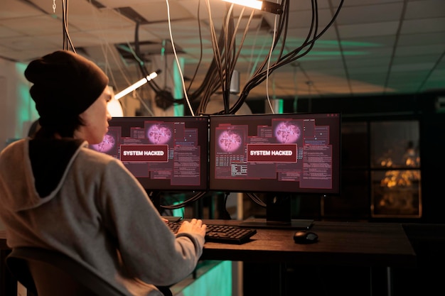 Systeem gehackt door cybercrimineel die waarschuwing leest, specialist die 's nachts cyberaanvalproblemen oplost. Werken aan computerbeveiligingstechnologie en datalekken. Hacker die toegang krijgt tot de databaseserver.