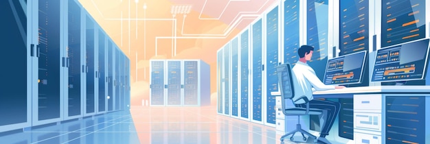 System administrator day network administrator in server room checks and saves backup data Horizontal banner Network Technologies Concept