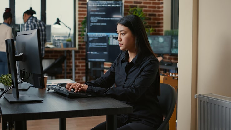 Photo 系统工程师专注于在软件开发办公室的办公桌上写代码,而编码员团队正在开发云计算应用程序. 程序员专注于创建算法.