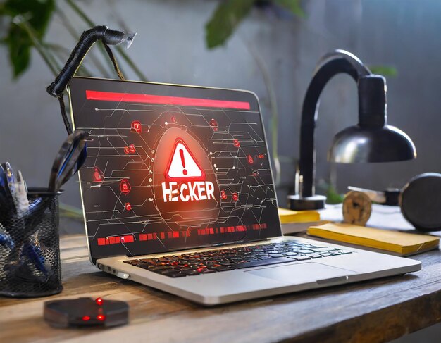 System hacked warning alert on laptop computer Cyber attack on computer network virus spyware malwar