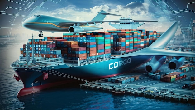 System logistics of truk container cargo ship and cargo plane 3d rendering and illustration