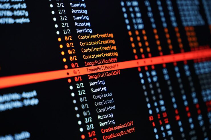 Photo system monitoring dashboard showing kubernetes pod errors like imagepullbackoff and crashloopbackoff alongside running and completed container statuses