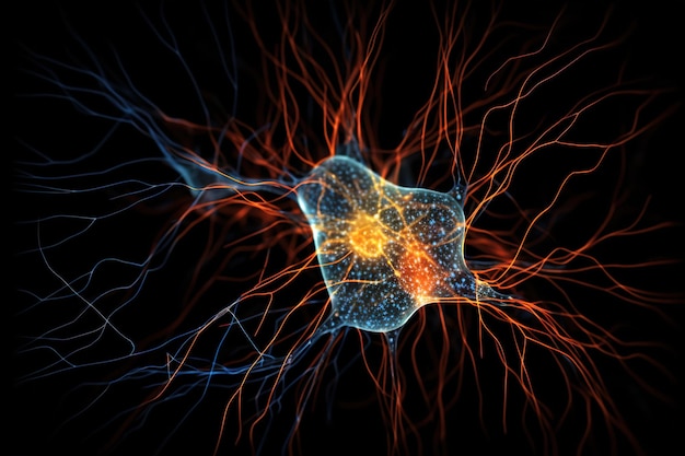 Foto sistema di neuroni con connessioni luminose su sfondo nero con spazio per il testo ai generativa