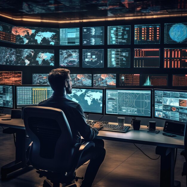 System Security Specialist Working at System Control Center Room Generative ai