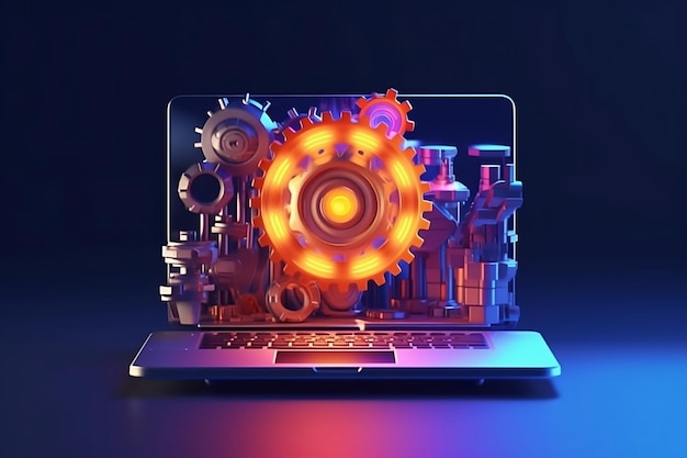 system update concept with laptop and gear machine with 3d style graphic generative AI